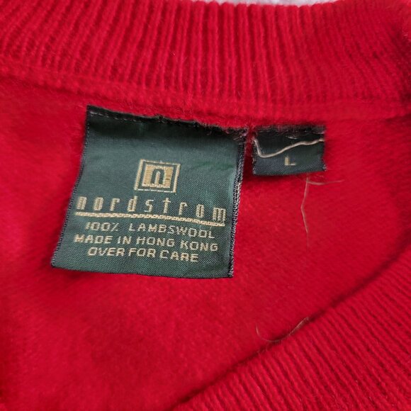 Vintage Nordstrom Mens Red V-Neck Sweater Large 100% Lambswool Pullover Cozy - Picture 3 of 7